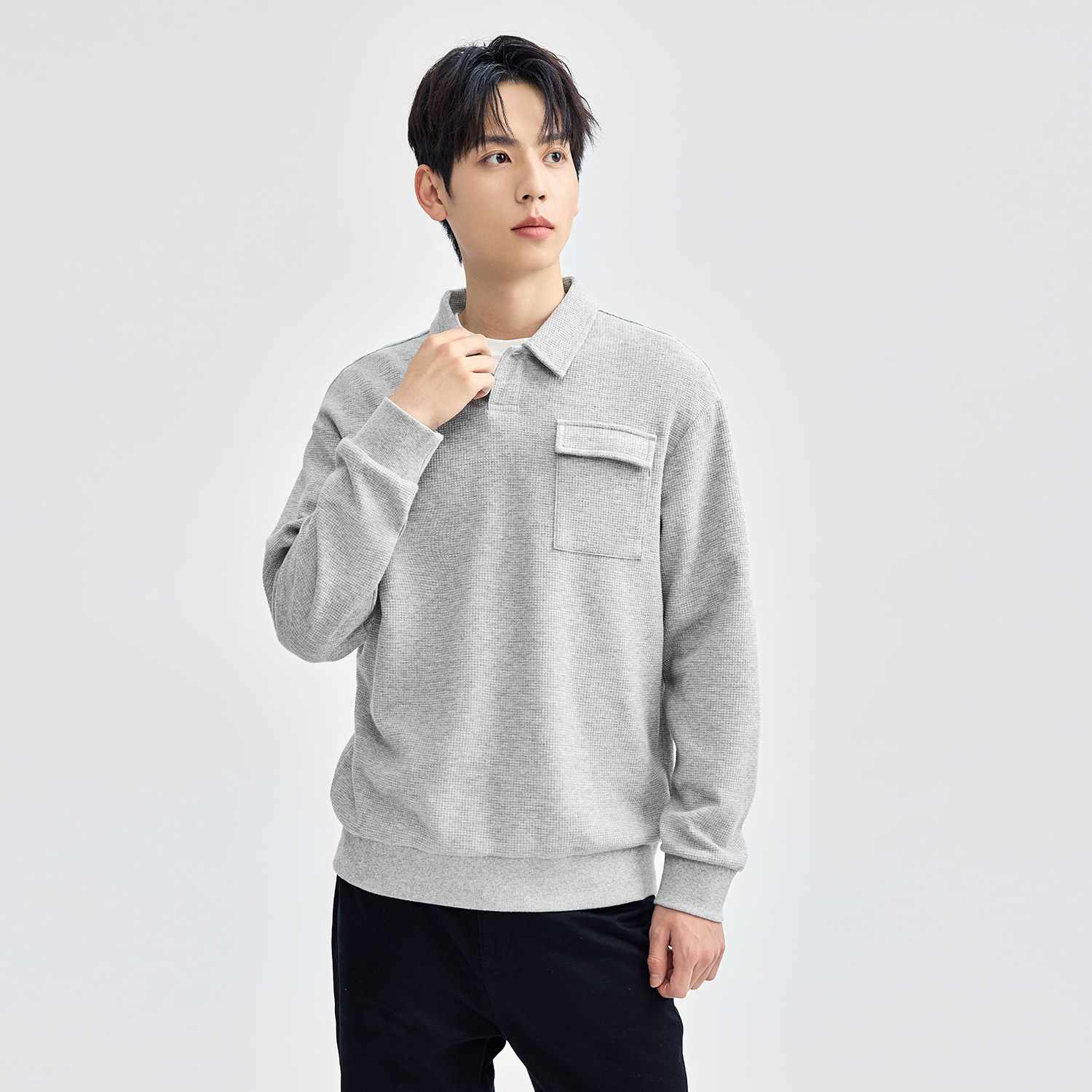 Men's Long Sleeve Patch Pocket Solid Polo - Image 3